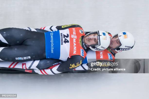 Thomas Steu and Lorenz Koller from Austria in action at the Men's Doubles event of the Luge World Cup in Winterberg, Germany, 25 November 2017....