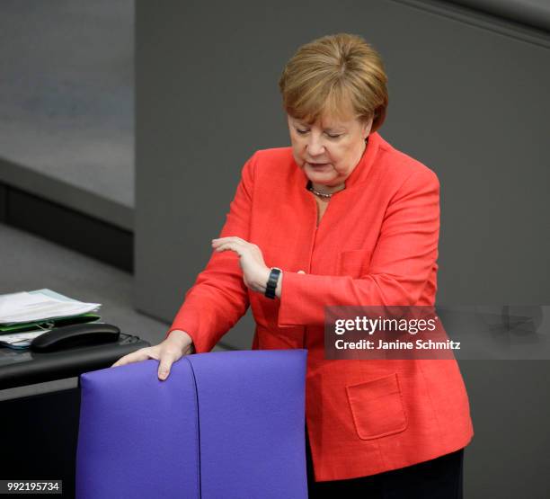 German Chancellor Angela Merkel is pictured during the Plenary Session of the Bundestag on July 04, 2018 in Berlin, Germany.