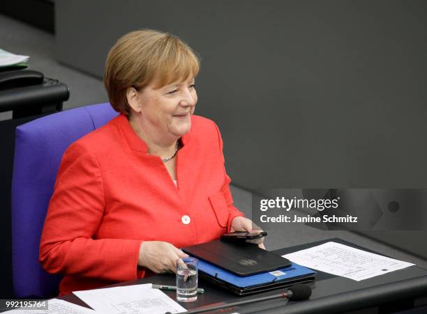 German Chancellor Angela Merkel is pictured during the Plenary Session of the Bundestag on July 04, 2018 in Berlin, Germany.