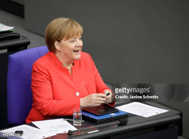 German Chancellor Angela Merkel is pictured during the Plenary Session of the Bundestag on July 04, 2018 in Berlin, Germany.