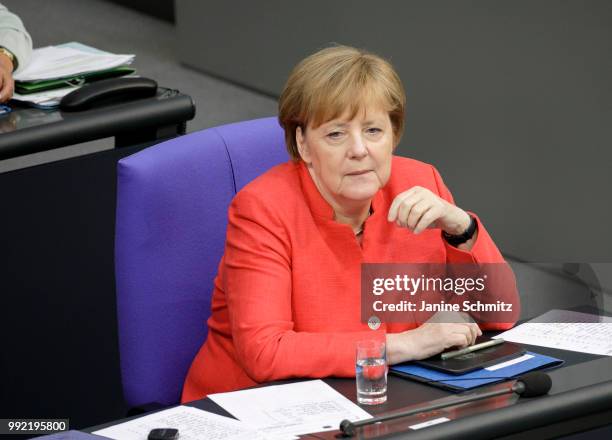 German Chancellor Angela Merkel is pictured during the Plenary Session of the Bundestag on July 04, 2018 in Berlin, Germany.