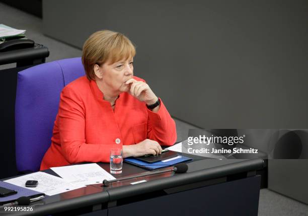 German Chancellor Angela Merkel is pictured during the Plenary Session of the Bundestag on July 04, 2018 in Berlin, Germany.