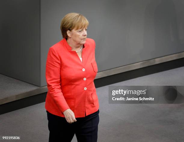 German Chancellor Angela Merkel is pictured during the Plenary Session of the Bundestag on July 04, 2018 in Berlin, Germany.