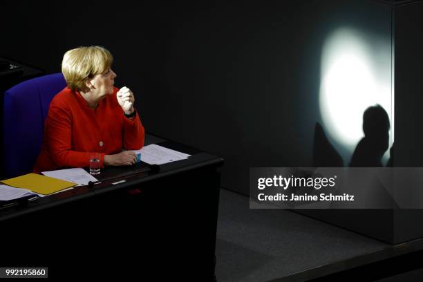 German Chancellor Angela Merkel is pictured during the Plenary Session of the Bundestag on July 04, 2018 in Berlin, Germany.