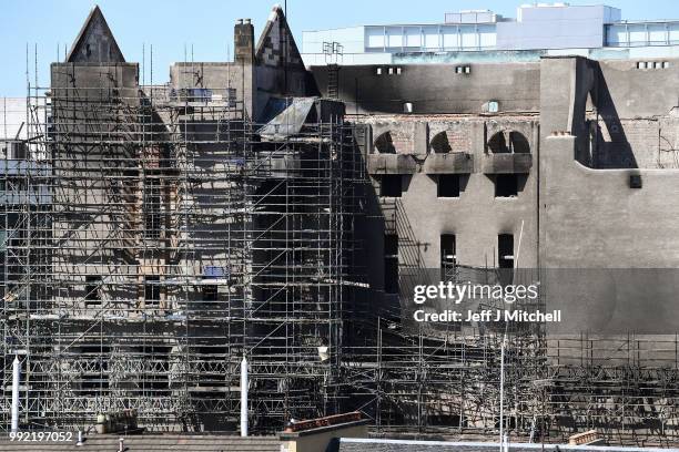 General view of the Glasgow School of Art, Mackintosh building, which is set to be dismantled in the coming days on July 5, 2018 in Glasgow,...