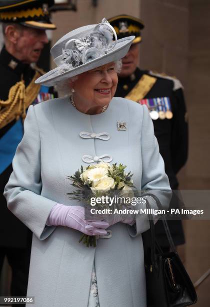 Queen Elizabeth II , Colonel-in-Chief Royal Scots Dragoon Guards leaving Leuchars Station in Fife after she presented the New Standard to the...