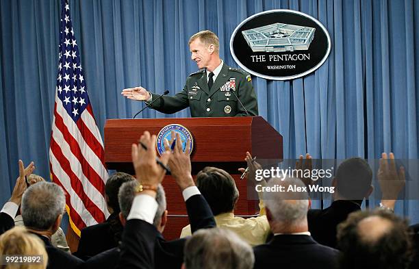 Commander of the International Security Assistance Force and Commander of U.S. Forces Afghanistan General Stanley McChrystal speaks during a news...