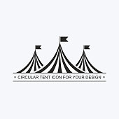 Circus tent template. Invitation to event, presentation. Circus building, circus hut awning, with balls, decoration, shapito, exterior appearance. pictogram Vector icon