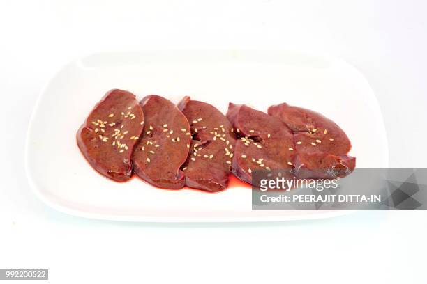 fresh raw veal liver slices - beef liver stock pictures, royalty-free photos & images