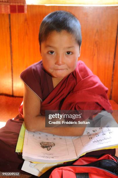 Likir Tibetan Buddhist Monastery. Young monks of the Gelukpa order during the classroom instruction in Ladakh, Jammu and Kashmir on July 12 India.