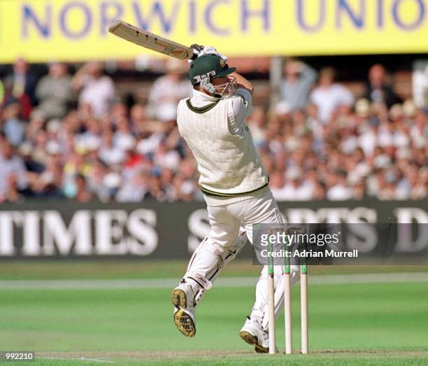 Mark Waugh of Australia hits out during the first day of the England v Australia fourth NPower test match at Headingley, Leeds. Mandatory Credit:...