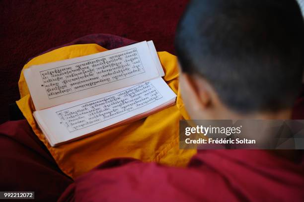 Likir Tibetan Buddhist Monastery. Young monks of the Gelukpa order during the classroom instruction in Ladakh, Jammu and Kashmir on July 12 India.