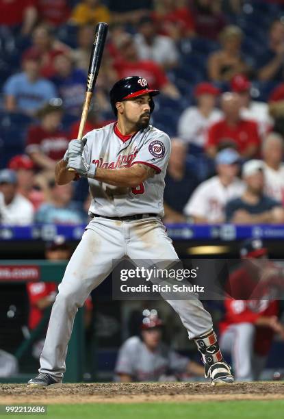 Anthony Rendon of the Washington Nationals in action during a game against the Philadelphia Phillies at Citizens Bank Park on June 29, 2018 in...