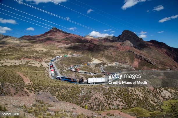 Detail of car traffic at Ticlio the highest cross on central Andes of Peru during a trip in the world famous Railroad 'Ferrocarril Central Andino' on...