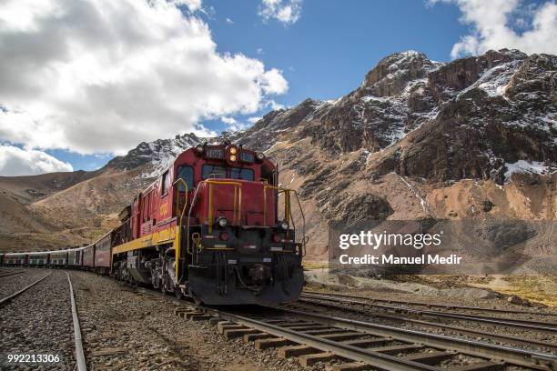 View of the train at the highest point during a trip in the world famous Railroad 'Ferrocarril Central Andino' on June 29, 2018 in Lima, Peru. The...