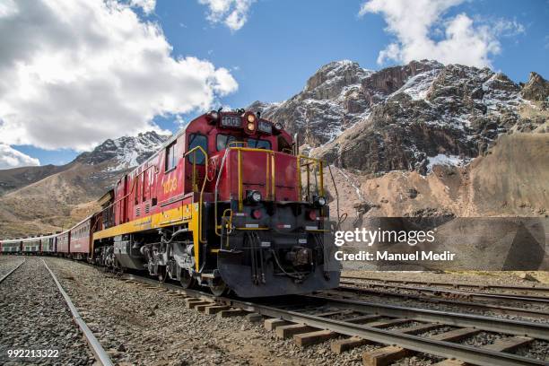 View of the train at the top of the way during a trip in the world famous Railroad 'Ferrocarril Central Andino' on June 29, 2018 in Lima, Peru. The...
