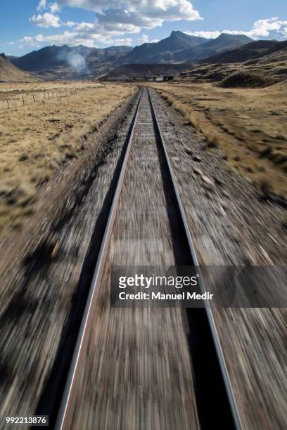 Detail of the railroad and landscape during a trip in the world famous Railroad 'Ferrocarril Central Andino' on June 29, 2018 in Lima, Peru. The...