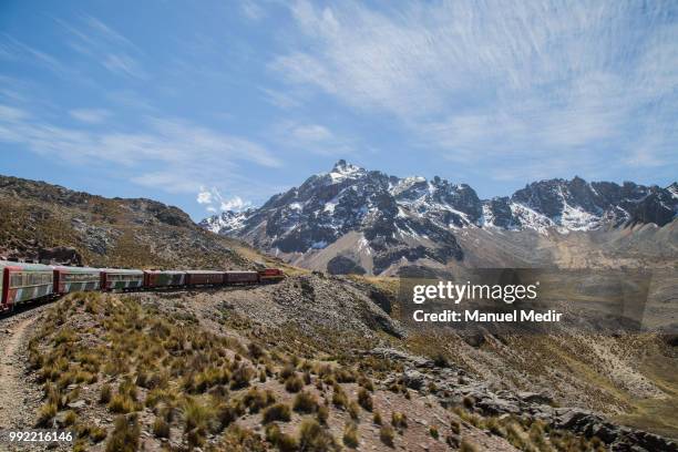 View of the train at the top of the way during a trip in the world famous Railroad 'Ferrocarril Central Andino' on July 1, 2018 in Lima, Peru. The...