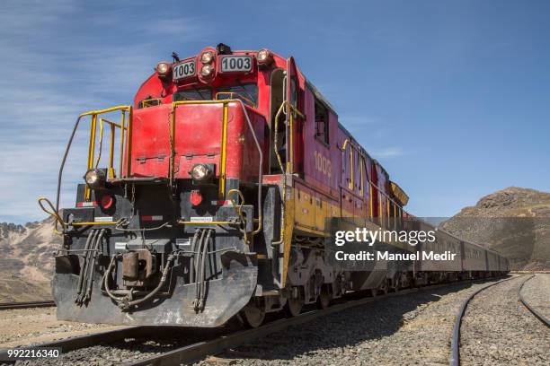 View of the train at the top of the way during a trip in the world famous Railroad 'Ferrocarril Central Andino' on July 1, 2018 in Lima, Peru. The...