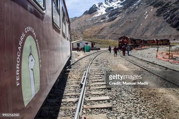 View of the train at the top of the way during a trip in the world famous Railroad 'Ferrocarril Central Andino' on July 1, 2018 in Lima, Peru. The...