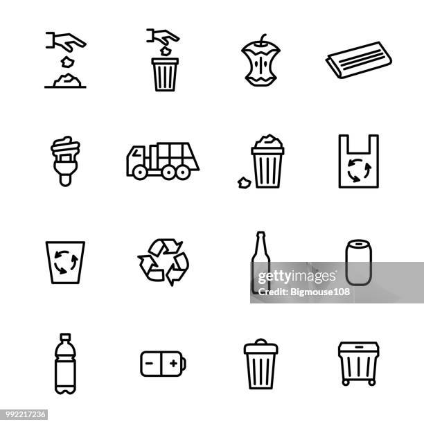 trash garbage related signs black thin line icon set. vector - rubbish isolated stock illustrations
