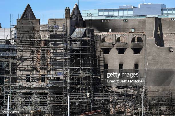 General view of the Glasgow School of Art, Mackintosh building, which is set to be dismantled in the coming days on July 5, 2018 in Glasgow,...