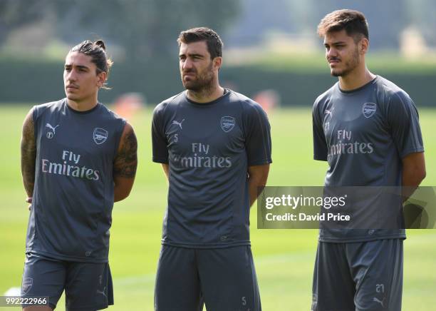 Hector Bellerin, Sokratis Papastathopoulos and Konstantinos Mavropanos of Arsenal during pre-season training session at London Colney on July 5, 2018...