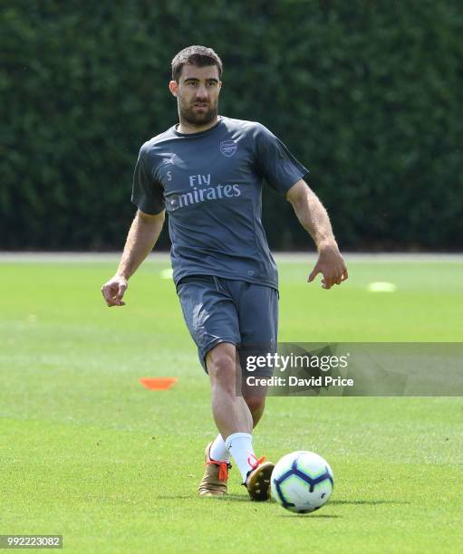 Sokratis Papastathopoulos of Arsenal during pre-season training session at London Colney on July 5, 2018 in St Albans, England.