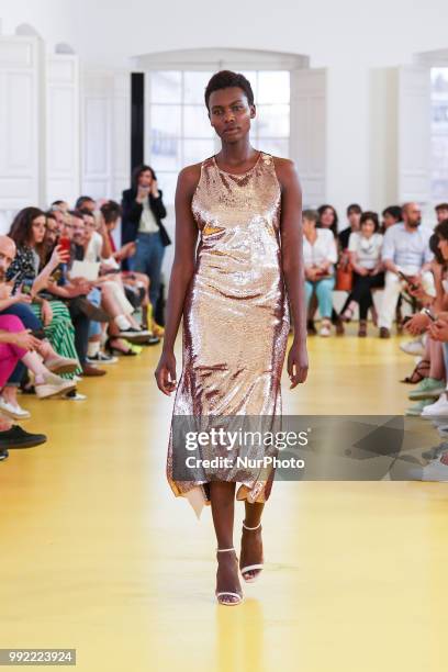 Model walks the runway during the Lexdeux fashion show as part of the Madrid Mercedes Benz Fashion Week Spring/Summer 2019 at the ABC museum on July...