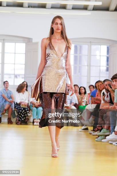 Model walks the runway during the Lexdeux fashion show as part of the Madrid Mercedes Benz Fashion Week Spring/Summer 2019 at the ABC museum on July...