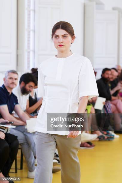 Model walks the runway during the Lexdeux fashion show as part of the Madrid Mercedes Benz Fashion Week Spring/Summer 2019 at the ABC museum on July...