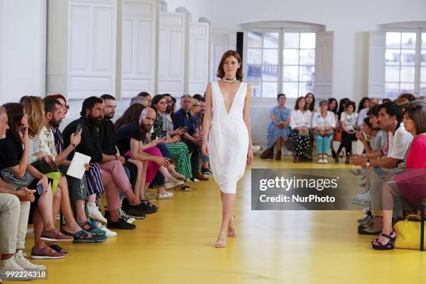 Model walks the runway during the Lexdeux fashion show as part of the Madrid Mercedes Benz Fashion Week Spring/Summer 2019 at the ABC museum on July...