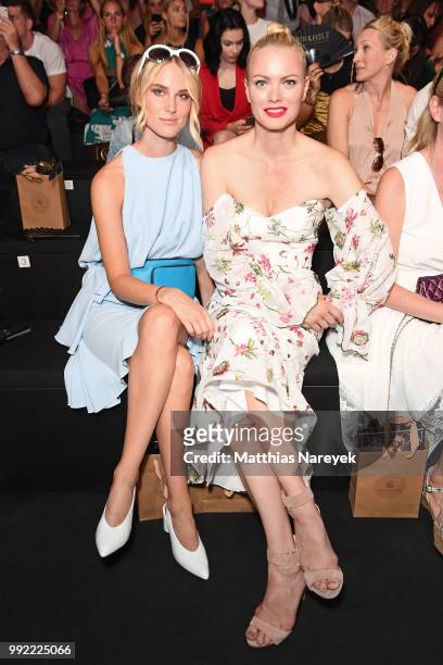 Kim Hnizdo and Franziska Knuppe attends the Lana Mueller show during the Berlin Fashion Week Spring/Summer 2019 at ewerk on July 5, 2018 in Berlin,...