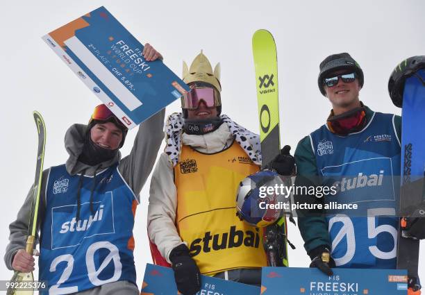 The Canadian skier Evan Mceachran , the Norwegian skier Qysten Braaten and the US-American skier Colby Stevenson celebrate their victory after the...