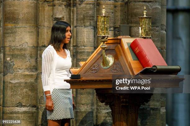 Visually impaired Team GB athlete Selina Litt speaks at a service to celebrate the 70th anniversary of the NHS at Westminster Abbey on July 5, 2018...