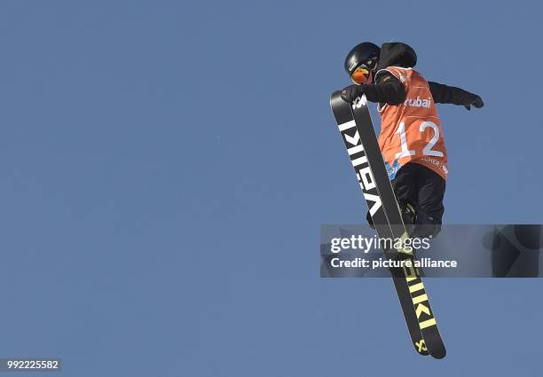 The Swedish skier Jennie-Lee Burmansson in action during the women's finals of the FIS Freestyle Ski World Cup in Neustift Im Stubaital, Germany, 26...