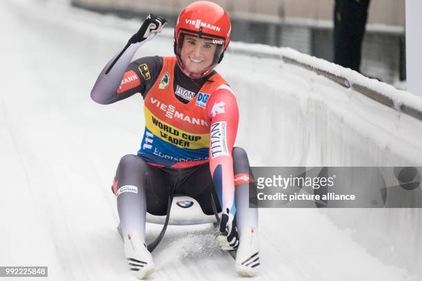 Germany's Natalie Geisenberger celebrates her victory after the women's singles at the Luge World Cup in Winterberg, Germany, 26 November 2017....