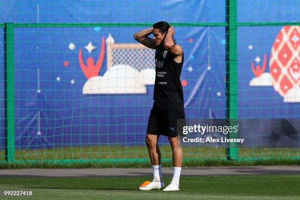Edinson Cavani of Uruguay looks on during a training session at Sports Centre Borsky on July 5, 2018 in Nizhny Novgorod, Russia.