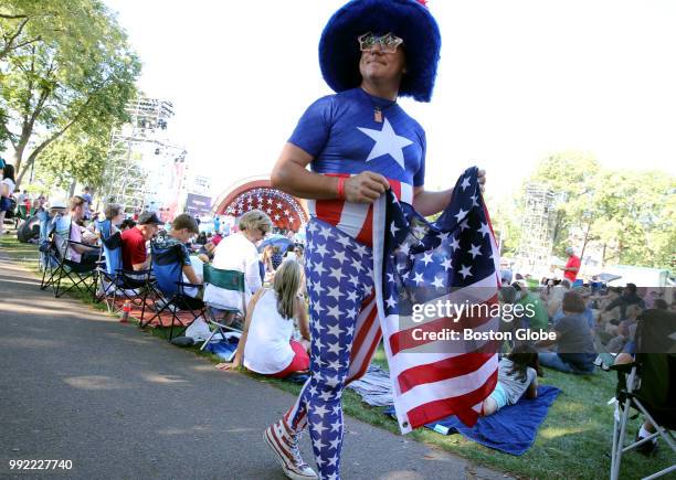 James Barnes, of Brighton, was dressed for the occasion while waiting for the Boston Pops Fireworks Spectacular to begin at the Hatch Shell on the...