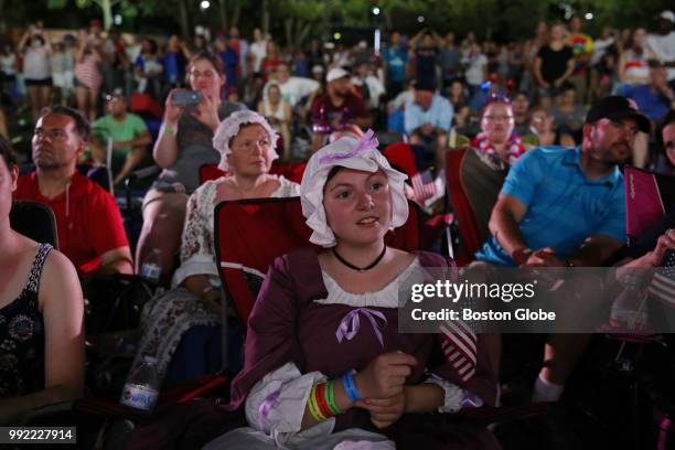 Megan Stinker enjoys the festivities during the Boston Pops Fireworks Spectacular at the Hatch Shell on the Esplanade in Boston, MA on July 04, 2018.