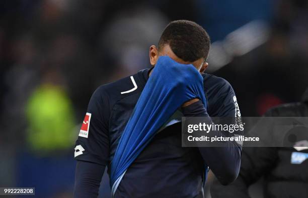 Hoffenheim's Kevin Akpoguma reacts to the end of the German Bundesliga soccer match between Hamburger SV and 1899 Hoffenheim in the Volksparkstadion...