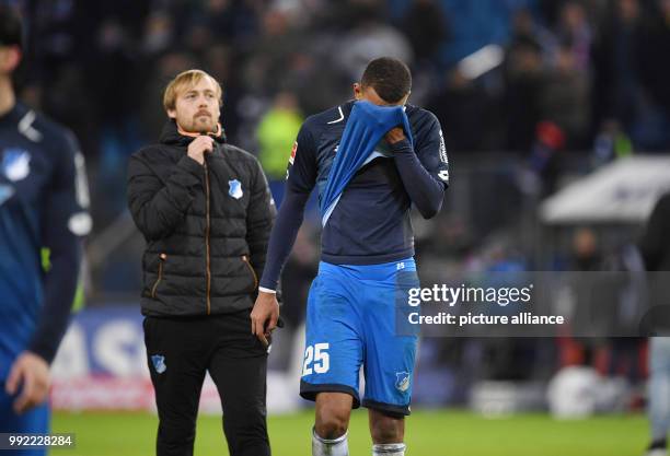 Hoffenheim's Kevin Akpoguma reacts to the end of the German Bundesliga soccer match between Hamburger SV and 1899 Hoffenheim in the Volksparkstadion...