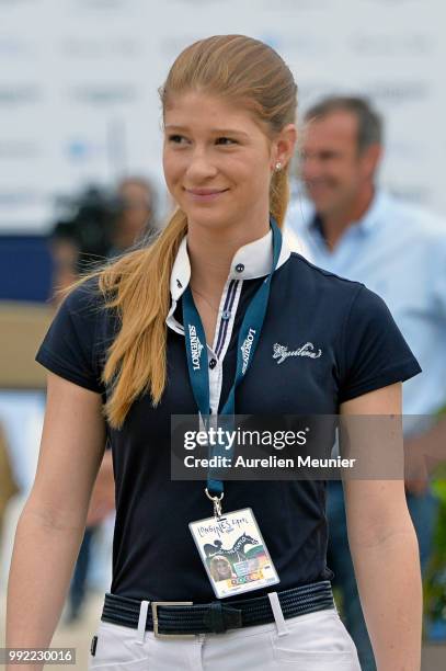 Jennifer Gates of The United States of America reacts on day 1 of the 5th Longines Paris Eiffel Jumping on July 5, 2018 in Paris, France.