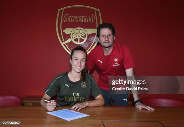 Arsenal Women new signing Lia Walti with Arsenal Womens Manager Joe Montemurro at London Colney on July 5, 2018 in St Albans, England.