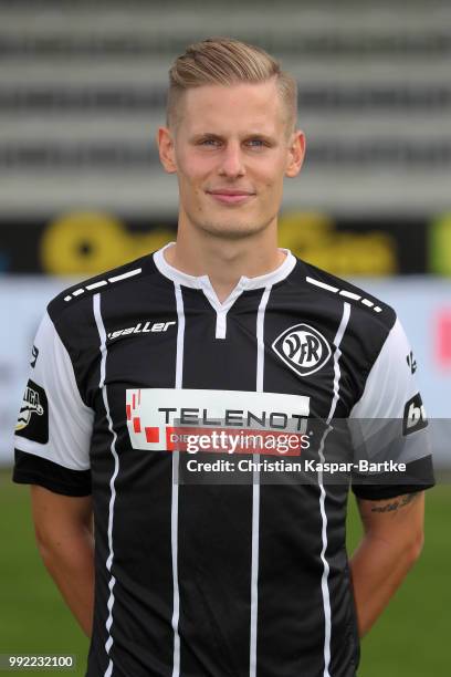 Patrick Schorr poses during the team presentation of VfR Aalen on July 5, 2018 in Aalen, Germany.