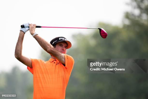 Bubba Watson tees off the 12th hole during round one of A Military Tribute At The Greenbrier at the Old White TPC course on July 5, 2018 in White...