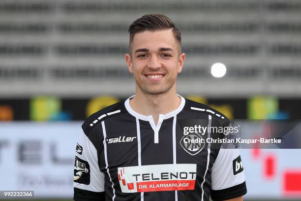 Luca Schnellbacher poses during the team presentation of VfR Aalen on July 5, 2018 in Aalen, Germany.