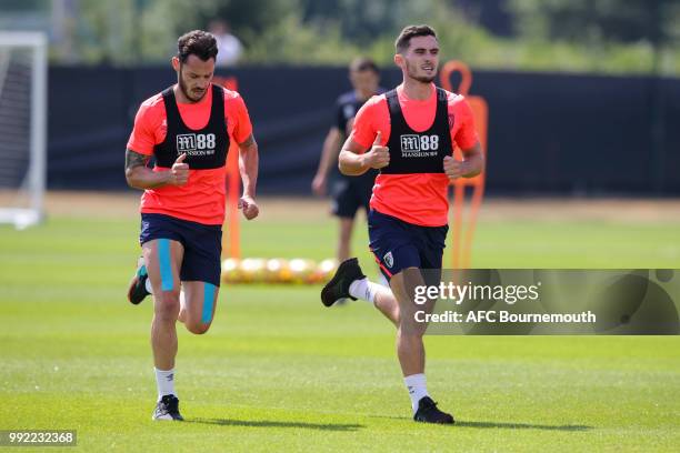 Adam Smith and Lewis Cook of Bournemouth during pre-season training session on July 5, 2018 in Bournemouth, England.