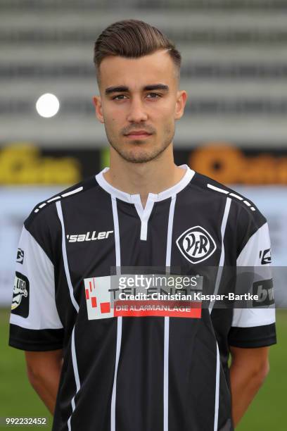 Nils Anholcher poses during the team presentation of VfR Aalen on July 5, 2018 in Aalen, Germany.