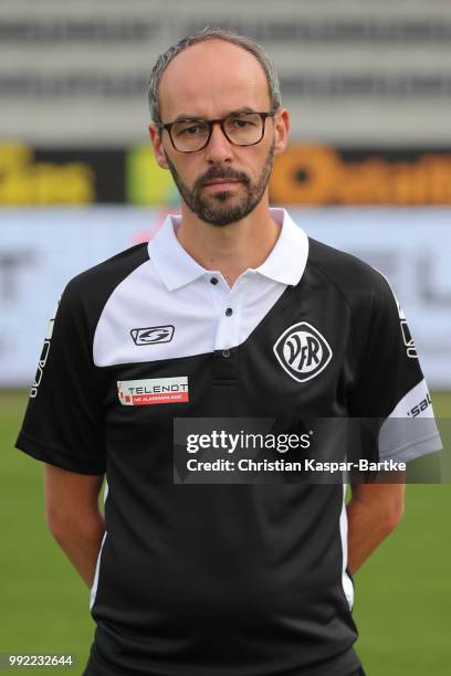 Team manager Bastian Noth poses during the team presentation of VfR Aalen on July 5, 2018 in Aalen, Germany.